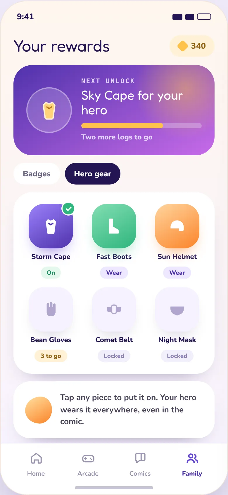 Hero gear screen where a child dresses their avatar in capes and gear earned through healthy eating