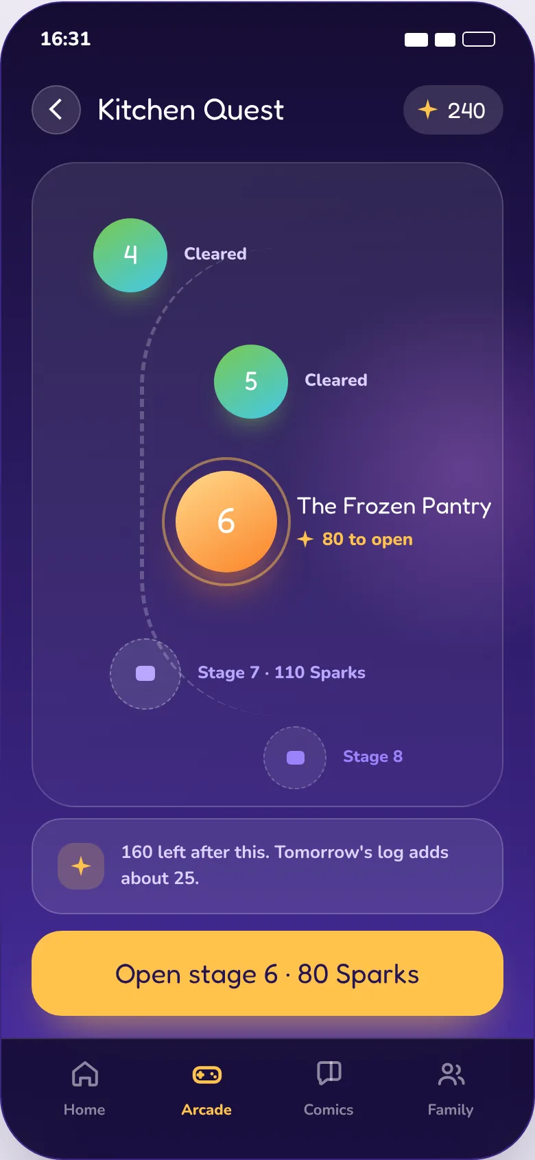 Kitchen Quest stage map with stages purchased using earned Sparks