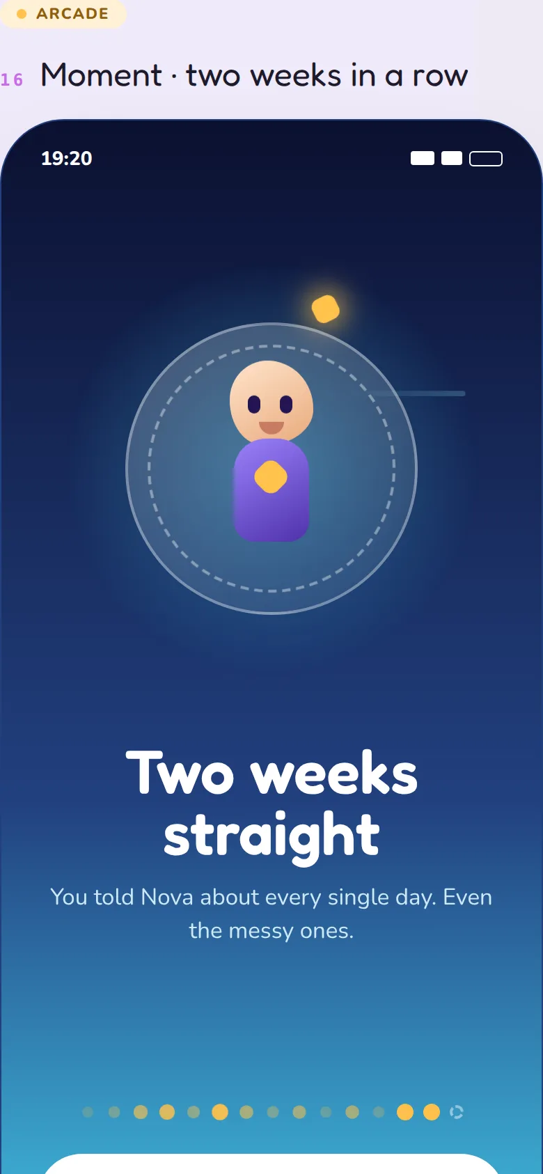 Streak milestone celebration screen with Nova glowing